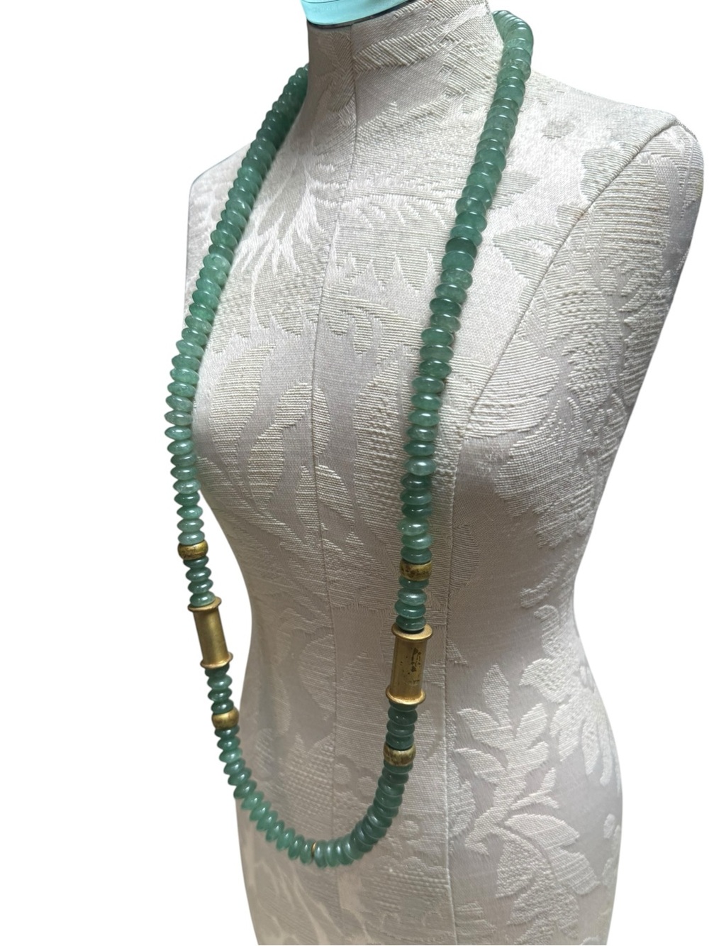 Vintage Jade-Tone Green Stone Beaded Necklace – Long Strand with Brass Spacers - Picture 3 of 13
